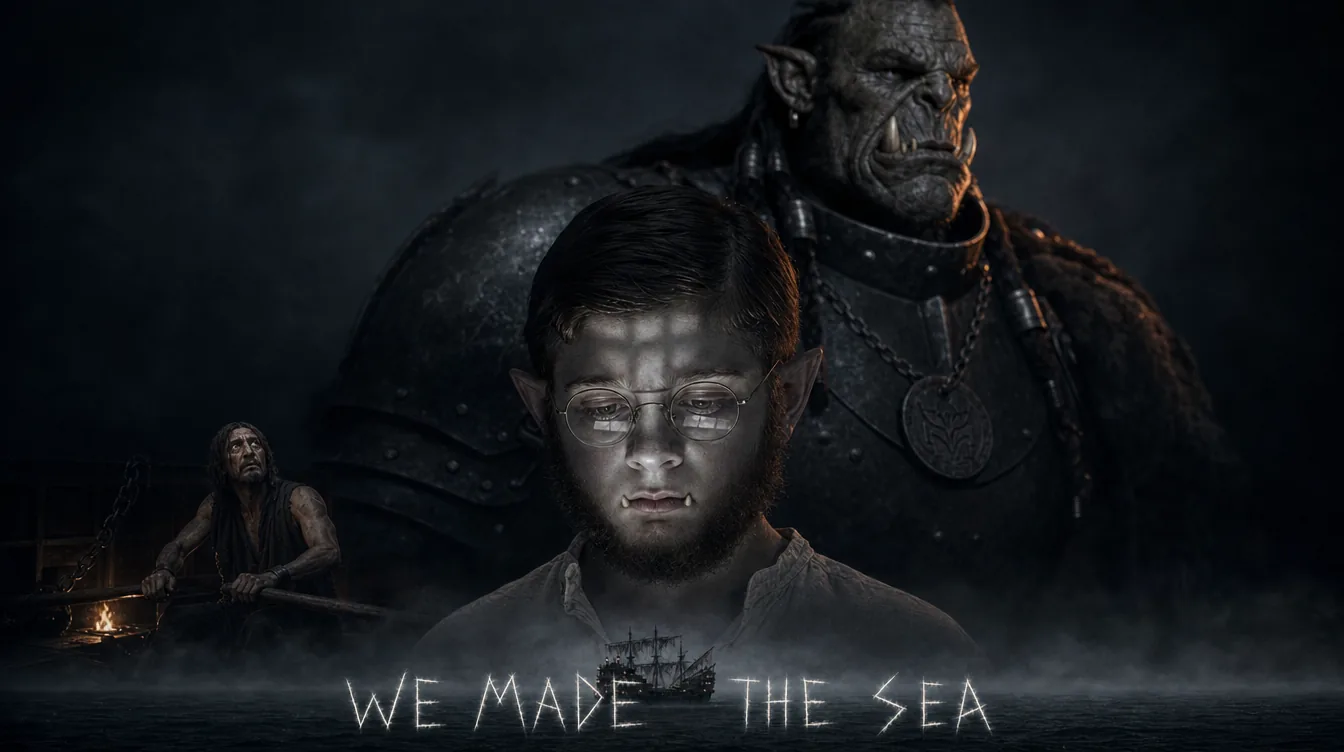Afișul filmului We Made The Sea: un băiat pe jumătate orc, cu un general orc în spatele lui
